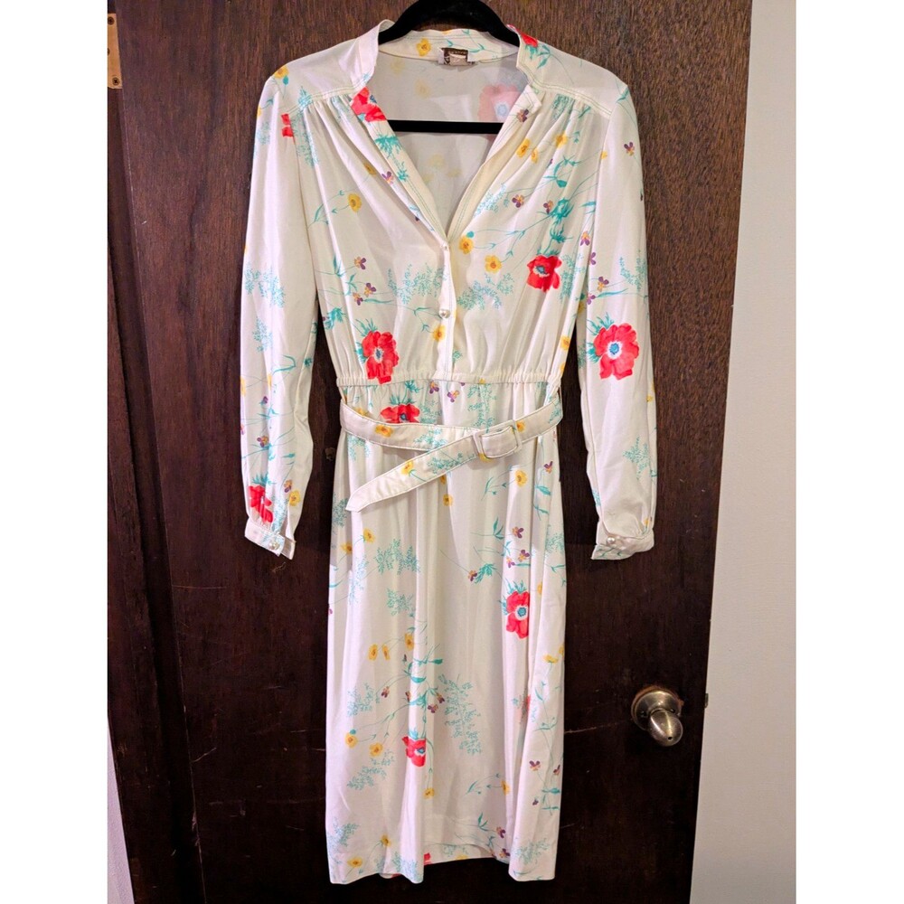 Vintage Leslie Fay Size 12 Floral Dress Long Sleeve With Belt